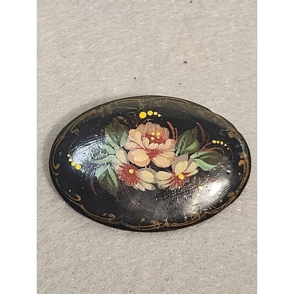 Vintage Hand Painted Russian Black Lacquer Brooch Pin Signed Floral
